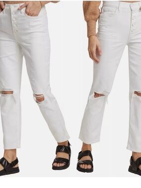 7 For All Mankind White Distressed High Waist Cropped Straight Jeans 28